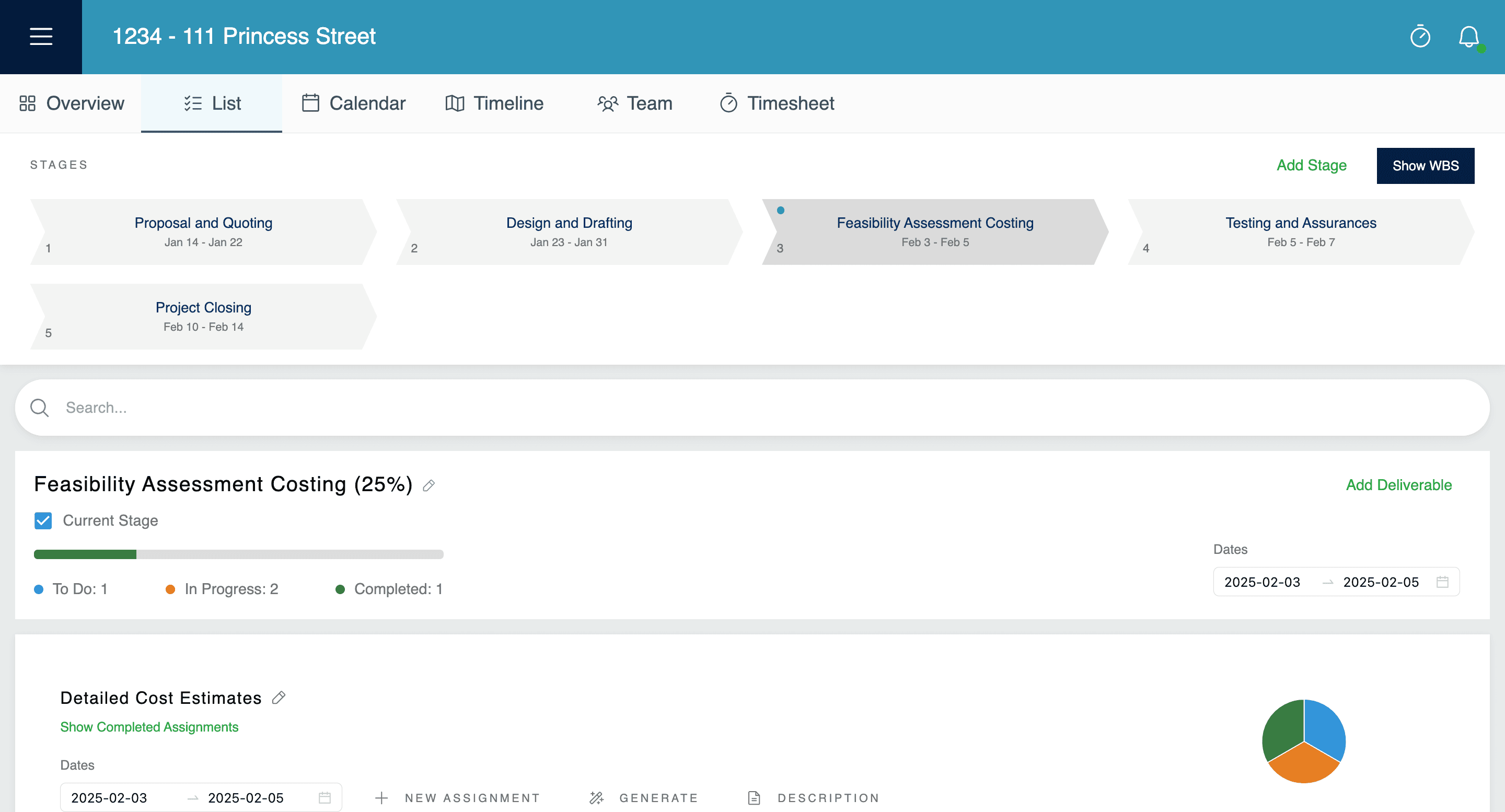 Streamline product interface showing Stage Based Projects